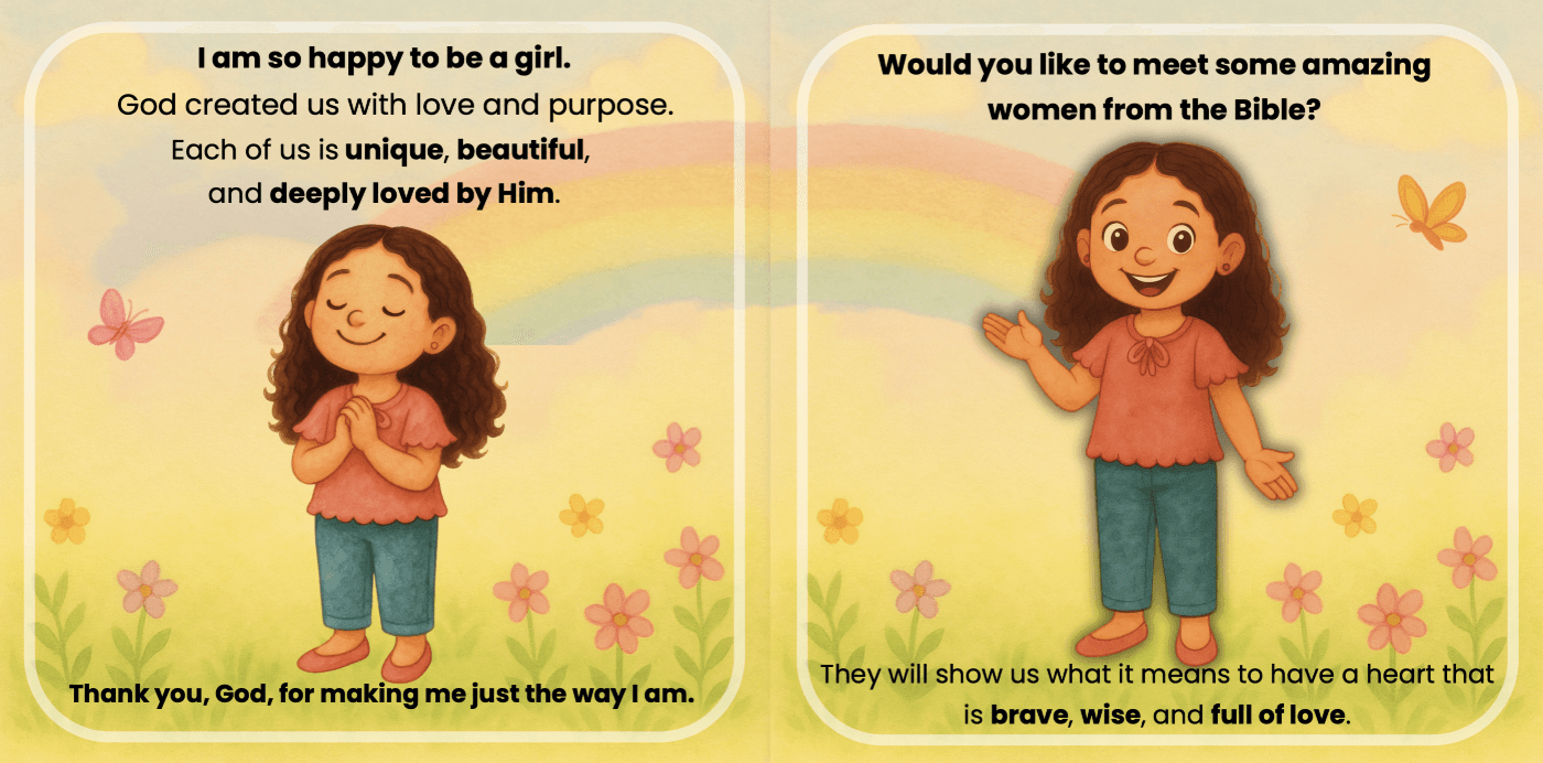 A page about being created with love and purpose, inviting girls to meet women of the Bible