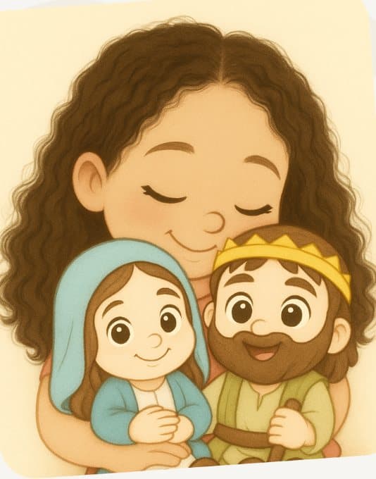 A mother cuddling with the Mary and Jesus plushies