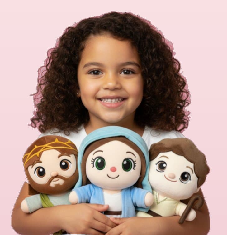 Child holding Skybow plush characters